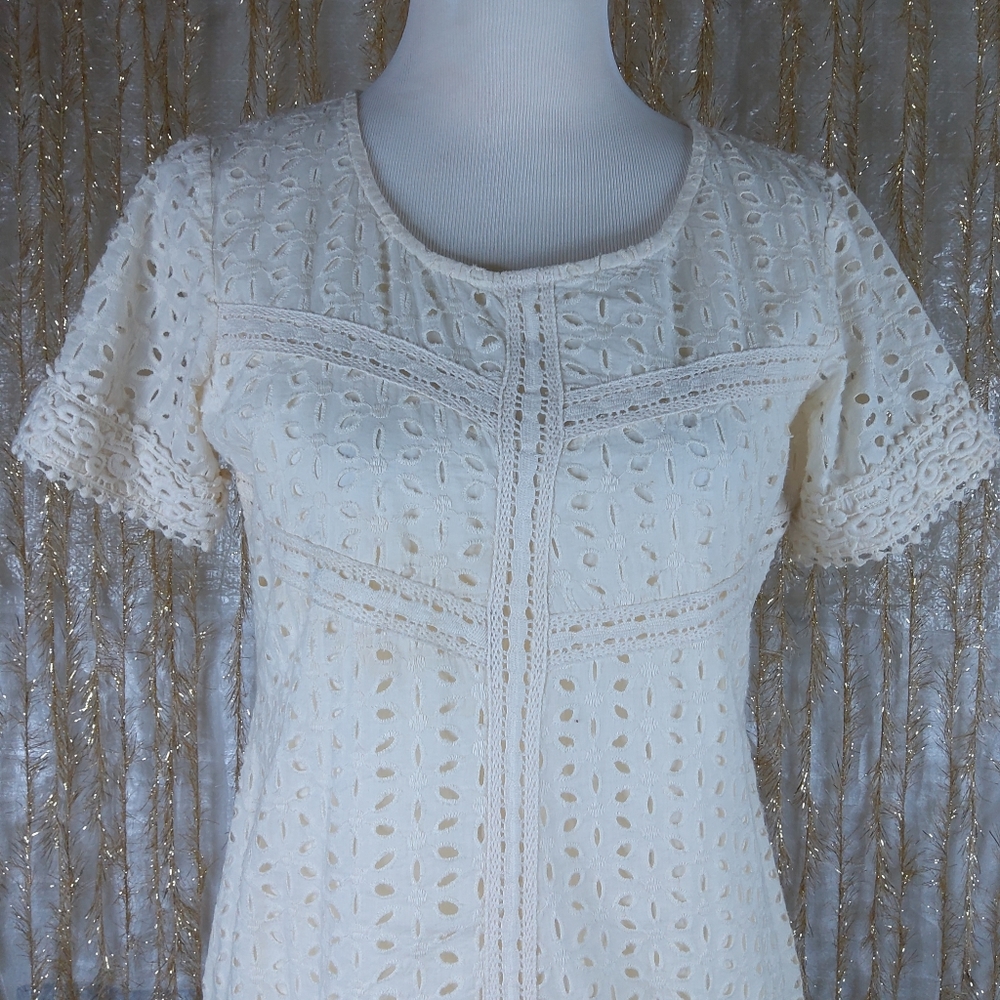 Sundance River Eyelet Dress Lined Petite Size 6 P6 Cream Color Above The Knee - Picture 5 of 11